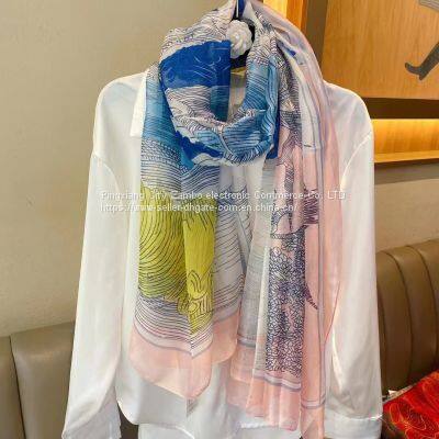 Prevent Bask Scarves Moire Sunscreen Silk Paintings Scarf Flowers Beach Scaves High Quality photo-5