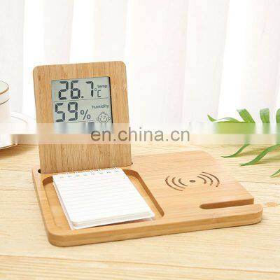 New Arrival Bedside Mobile Phone Wireless Fast Charging Wooden Stand With 3 in 1 Alarm Clock With Temperature and Humidty photo-3