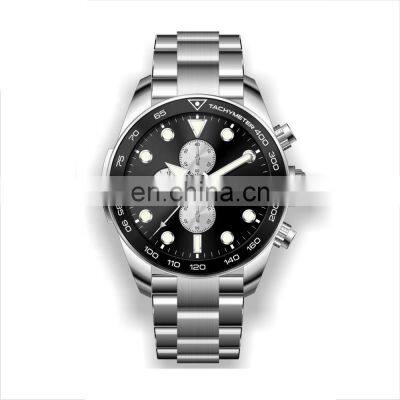 Classic mens watch waterproof chronograph movement stainless steel black dial steel band watch