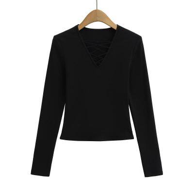 Hot Girl Pure Lust V-neck Tie Long-sleeved T-shirt Women's Spring and Autumn Slim Body Slimming Undershirt Inner and Outer Wear Short Top photo-3