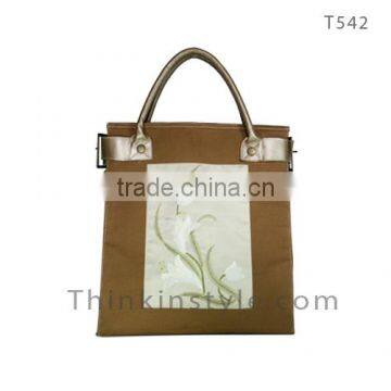 Hand Emrboidered on Canvas Fabric Bag With Leather Handle T542