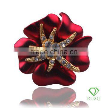 18k yellow gold plating crystal flower red rings