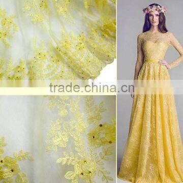 2016 cheap french lace for dress yellow flower design french net fabric stone embroidery net fabric lace