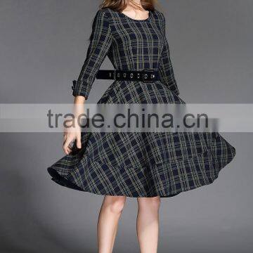 laest EU dress design deep color one piece long sleeve lattice bubble skirt dress ladies