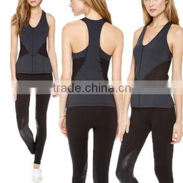 Knitted Fabric Lady Tank Top With Mesh Layers Under Panels Of Netting L1516