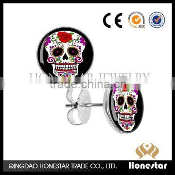 Honestar Black day of the dead sugar skull earrings stud ear jewelry