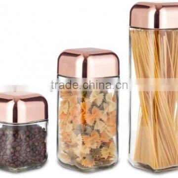 SINOGLASS 3 pcs unique square round design with measuring lid glass Storage Jar set