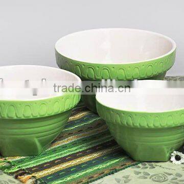 3Pcs Stoneware Mixing Bowl, Solid Color with Embossed