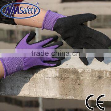 NMSAFETY purple color 13g knitted nylon liner glove/latex gloves en388/latex coated safety glove