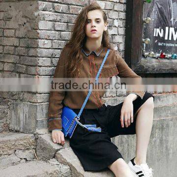 Women new fashion autumn long sleeve brown color casual blouse