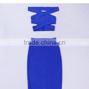 2014 New Off Shoulder Blue Two Piece Knee Length HL Bodycon Bandage Dress Slash Neck Sexy Women 2 Pieces Party Dress photo-3