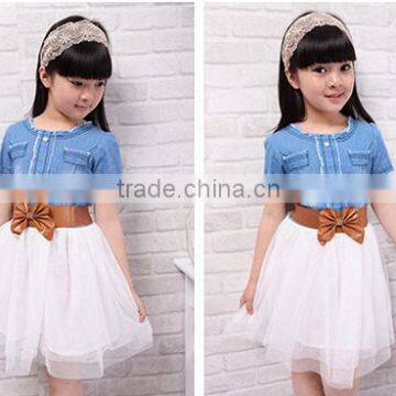 Baby Girl's Kids Children Fashion Princess Denim And Tulle Stitching Bow Dress Skirt With Belt 3-8Y SV001489 photo-5