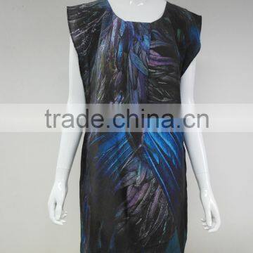 Fashion ladies sleeveless 100%silk habotai fixed printed dress
