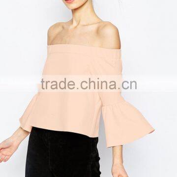 2016 Guangzhou Shandao Summer New Elegant Design Casual 3/4 Flare Sleeve Off Shoulder Pink Chiffon Girls Party Wear Tops photo-4