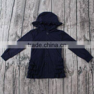 Fashion Girls Clothing navy cardigan with hood and ruffles kids clothing wholesale