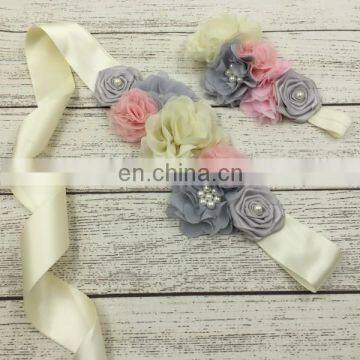 Ivory Grey Flower Sash Belt Matching Headband Sets With Vintage Pearl Sash Beaded Headband