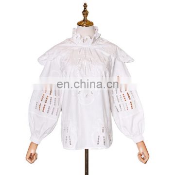 Patchwork Hollow Out Stand Collar Lantern Sleeve Women's Shirts