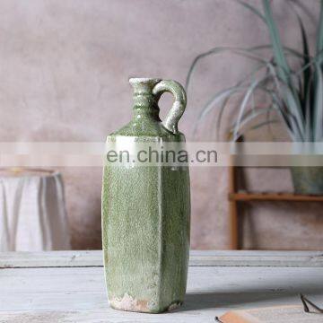 New goods customize cheap green ceramic cheap vintage flower vase with handle