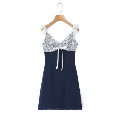 European and American foreign trade summer retro y2k hot girl pure lust style lace stitching bow short strap dress
