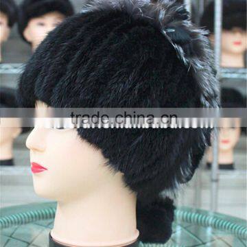 Real Mink Fur Beanies With Silver Fox Fur Pompom Handmade Knitted Hat For Ladies