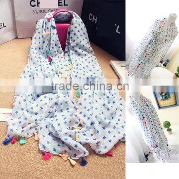 Hot Selling Korean Navy Star Printed Colorful Tassels Fashion Ladies Scarf