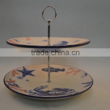 Marine series of embossed 3D home use porcelain cake stand