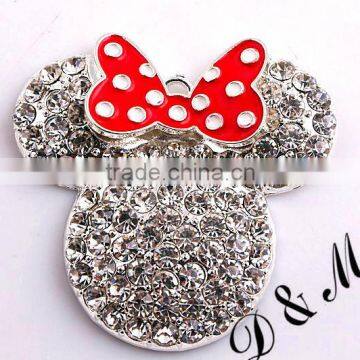 Wholesale large 48mm fashion silver alloy rhinestone minnie with red bow pendants for kids jewelry making