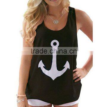 women summer tank top sleeveless cotton anchor shirt with bowknot
