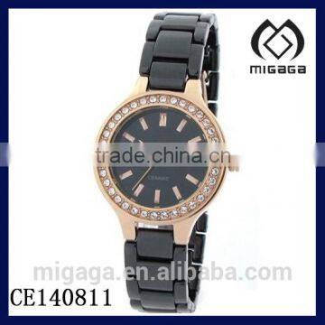 yellow gold crystal bezel black ceramic watch for ladies/LADIES BRAND NEW CLASSIC CERAMIC WATCH