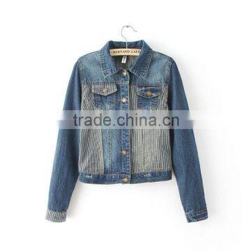 2015 woman fashion clothes coat High quality vintage Denim Jacket stripe polo collar jean coat