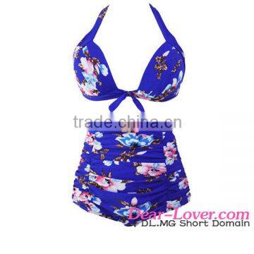 High quality Sexy Floral Print blue High Waist swimwear woman bikini