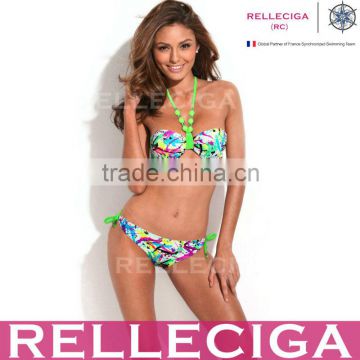 RELLECIGA Bandeau Bikini Series - Doodle Print 1/2 Cup Bandeau Top Girls Swimwear Bikini Neon Green Ties at Neck and Pearlish De