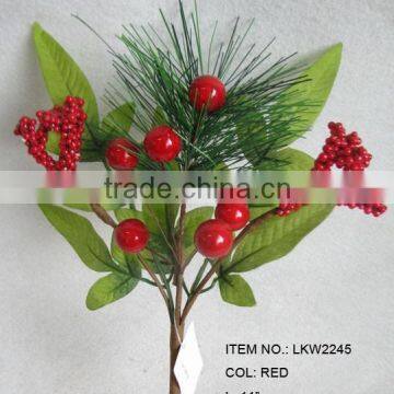 wholesale high quality artificial holly leaf pine needle and diy foam red berry pick 11" branches pick decoration in christmas