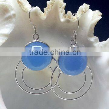 925 Sterling Silver Blue Chalcedony Cabochon Round Earrings, Fashionable Bezel Earrings, Designer Blue Chalcedony Earrings