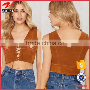 2016 China Supplier Front Tie-up Star Stitch Brown Faux Suede Crop Top