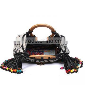 Ethnic Style Wood Bead Strap Multi-color Stripes Cloth Tote Shoulder Bag Handbag Quality Choice photo-5