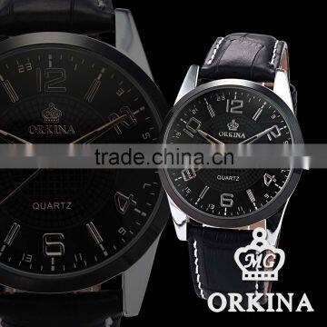 Orkina Mens Black Leather Stainless Steel Case Chrono Date Display Analog Sport Quartz Wrist Watch photo-5