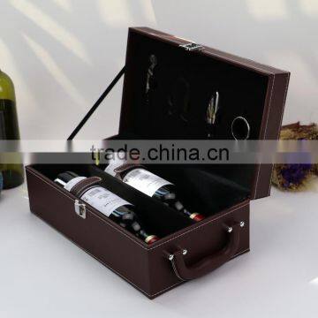 Luxury Faux Leather Gift Box Packaging,Red Wine wood Box 2bottle set suitcase