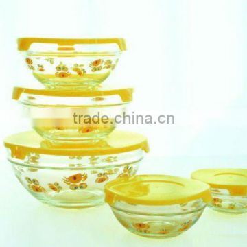 Hot sale different size 5pcs glass bowl set with yellow lid