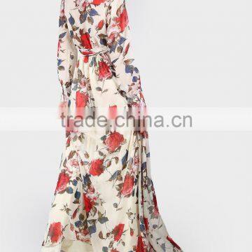 Women Clothing/women Dresses/Rose Print Cuffed Long Sleeve Belted Wrap Dress photo-5