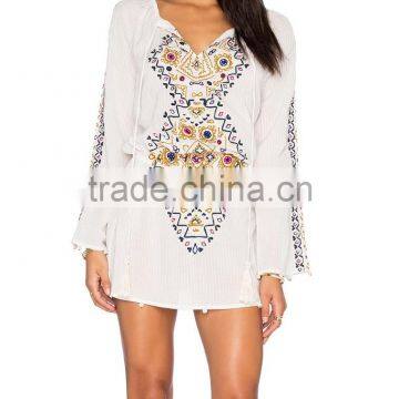 Boho Clothing Embroidered Cotton Mini Dress With Pom Pom Fringe 2016 HSD5810 photo-6