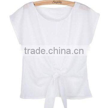 2016 Fashion Short Sleeve Bow O-neck Office Women Chiffon Shirt photo-6