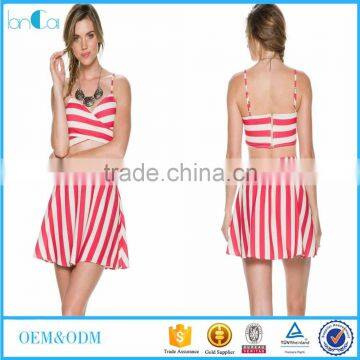 Women red and white stripe strappy crop top and skrit new fashion two piece outfits