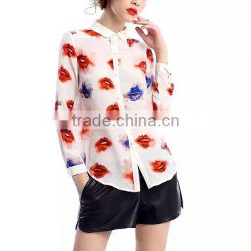 2015 New Fashion Casual OEM Long Sleeve Front Open Blouse Shirt Girls Print Chiffon Blouse With Mandarin Collar photo-2