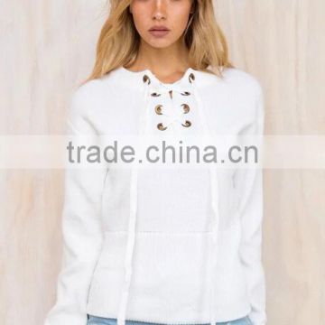 4231Runwaylover Hot sale ladies tie up pullover crochet sweater