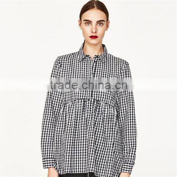 2017 OEM Spring Long Sleeves Babydoll Gingham Shirt With Flounce Uneven Hem photo-2