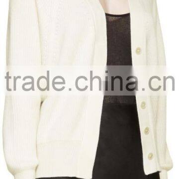Raglan Sleeve Y-Neck Collared Ivory White Rib Knit Cashmere Cardigan for Women photo-2