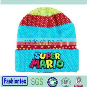 100% Acrylic Custom knitted Beanie Hat Custom 3D Embroidery Strip beanie hat