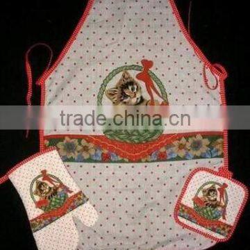 cute cat design womens apron, oven mitt set with pot holders