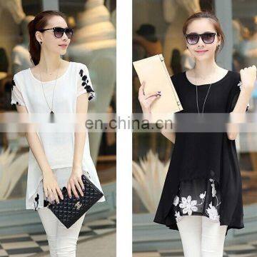 two layer stitching lace and polyester white and black short sleeve chiffon lace blouse